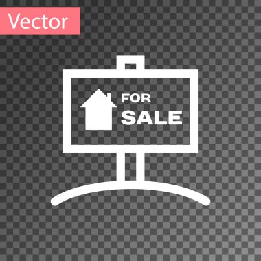 Saydam arka planda yalıtılmış Satılık simgesini içeren beyaz asma işareti. Satılık metin li tabela. Vektör İllüstrasyonu