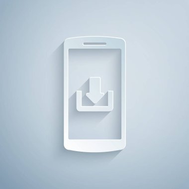 Kağıt gri arka planda izole indirme simgesi ile Smartphone kesti. Kağıt sanat tarzı. Vektör İllüstrasyonu