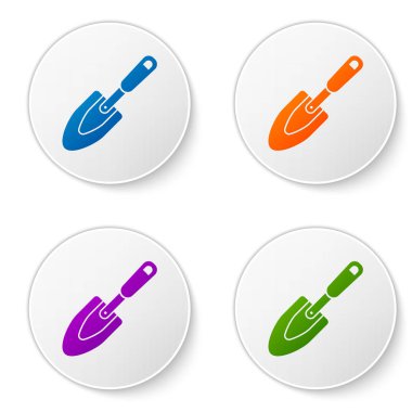 Beyaz arka plan üzerinde izole Color Garden mala maça veya kürek simgesi. Bahçıvanlık aleti. Bahçecilik, tarım, tarım için bir araç. Simgeleri daire düğmelerine ayarlayın. Vektör İllüstrasyonu