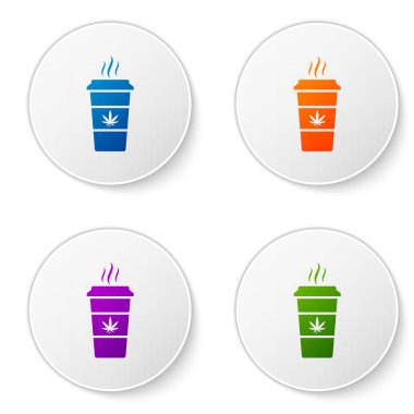 Beyaz arka plan üzerinde izole esrar veya esrar yaprağı simgesi ile Renk Fincan kahve. Marihuana yasallaştırma. Kenevir sembolü. Simgeleri daire düğmelerine ayarlayın. Vektör İllüstrasyonu