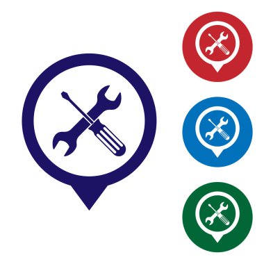 Mavi konumu ile çapraz tornavida ve anahtar araçları simgesi beyaz arka planda izole. İşaretçi ayarları sembolü. Daire düğmelerinde renk simgesini ayarlayın. Vektör Illustration