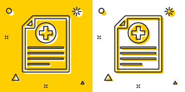 Siyah Tıbbi pano klinik kayıt simgesi sarı ve beyaz arka plan üzerinde izole ile. Sağlık sigortası formu. Reçete, tıbbi kontrol izleri raporu. Rastgele dinamik şekiller. Vektör İllüstrasyonu