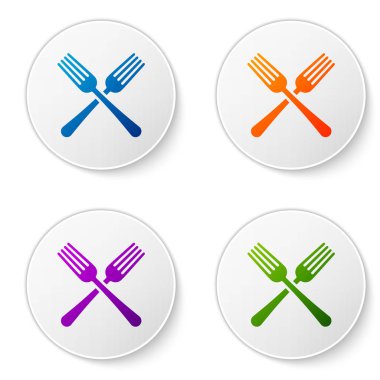 Beyaz arka planda yalıtılmış renk Çapraz çatal simgesi. Çatal bıçak takımı sembolü. Simgeleri daire düğmelerine ayarlayın. Vektör İllüstrasyonu