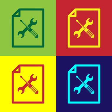 Renk arka plan üzerinde izole tornavida ve anahtar simgesi ile renkli dosya belgesi. Ayarlama, hizmet, ayarlama, bakım, onarım, sabitleme. Vektör Illustration