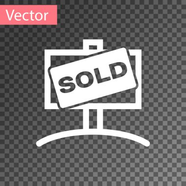 Saydam arka planda yalıtılmış metin Satılmış simgesiile Beyaz Asma işareti. Satılan etiket. Satılan tabela. Vektör İllüstrasyonu