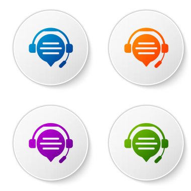 Beyaz arka planda izole konuşma kabarcık sohbet simgesi ile renkli kulaklıklar. Destek müşteri hizmetleri, hat, çağrı merkezi, SSS, bakım. Daire düğmelerinde simgeleri ayarlayın. Vektör Illustration