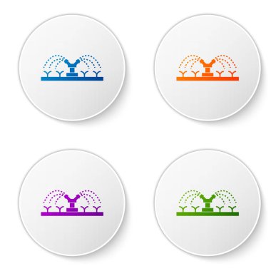 Renk Otomatik sulama sprinklers simgesi beyaz arka plan üzerinde izole. Sulama ekipmanları. Bahçe elementi. Sprey tabanca simgesi. Simgeleri daire düğmelerine ayarlayın. Vektör İllüstrasyonu