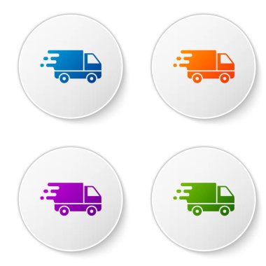 Beyaz arka plan üzerinde izole hareket simgesi renk Teslim kamyon. Hızlı nakliye teslimat kamyonu. Simgeleri daire düğmelerine ayarlayın. Vektör İllüstrasyonu