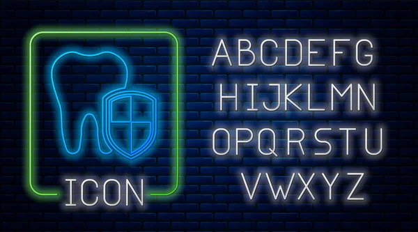 レンガの壁の背景に隔離された輝くネオン歯科保護アイコン。シールドロゴに歯。ネオンライトアルファベット。ベクトルイラストレーション — ストックベクタ