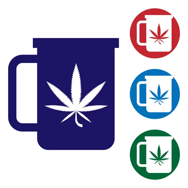 Blue Cup herbata z marihuany lub ikona liści konopi na białym tle. Legalizacja marihuany. Symbol konopi. Ustawianie kolorowych ikon w przyciskach okręgu. Ilustracja wektorowa — Wektor stockowy