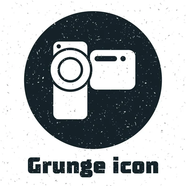 Иконка камеры Grunge Cinema выделена на белом фоне. Видеокамера. Кинознак. Кинопроектор. Векторная миграция — стоковый вектор