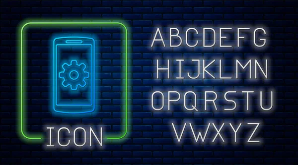 Tuğla duvar arka planda izole akıllı telefon simgesi üzerinde Parlayan neon Ayarı. Cep telefonu ve teçhizat. Ayarlama, servis, ayar, bakım, onarım, sabitleme. Neon ışık alfabesi. Vektör İllüstrasyonu — Stok Vektör