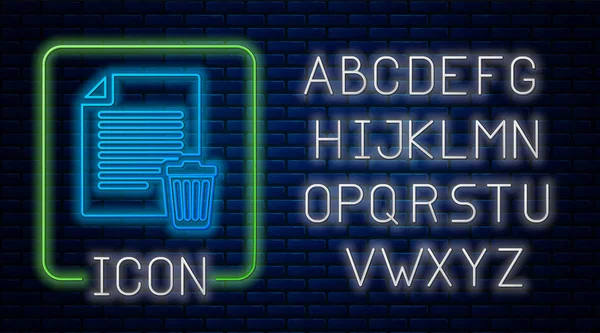 Świecący Neon Usuń plik ikona dokumentu na białym tle na ścianie cegły. Arkusz papieru ze znakiem kosza. Ikona odrzuconego dokumentu. Krzyż na papierze. Neon światła alfabetu. Ilustracja wektorowa — Wektor stockowy