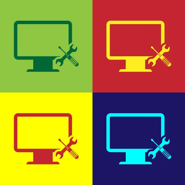 Monitor de computador colorido com chave de fenda e ícone de chave de fenda isolado no fundo de cor. Ajuste, serviço, configuração, manutenção, reparação, fixação. Ilustração vetorial — Vetor de Stock