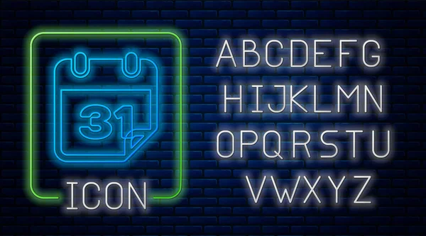 Glowing neon Calendar icon isolated on brick wall background. Neon light alphabet. Vector Illustration — Stock Vector