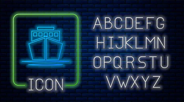 Glowing neon Ship icon isolated on brick wall background. Neon light alphabet. Vector Illustration — Stock Vector