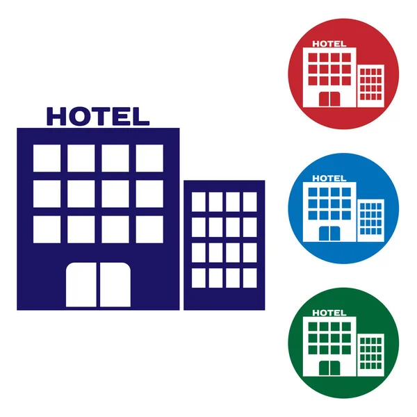 Icono del edificio Blue Hotel aislado sobre fondo blanco. Establecer el icono de color en botones de círculo. Ilustración vectorial — Archivo Imágenes Vectoriales