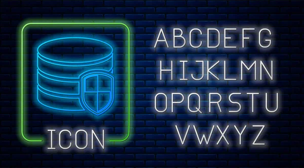 Leuchtende Neon-Datenbank-Schutz-Symbol isoliert auf Backsteinwand Hintergrund. Sichere Datenbank-Symbol. Neonlicht-Alphabet. Vektorillustration — Stockvektor