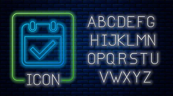 Calendário de néon brilhante com ícone de marca de seleção isolado no fundo da parede de tijolo. Alfabeto claro de néon. Ilustração vetorial — Vetor de Stock