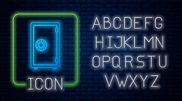 Néon brilhante ícone seguro isolado no fundo da parede de tijolo. O cofre da porta um cofre de banco com uma fechadura de combinação. Proteção de dados confiável. Alfabeto claro de néon. Ilustração vetorial — Vetor de Stock