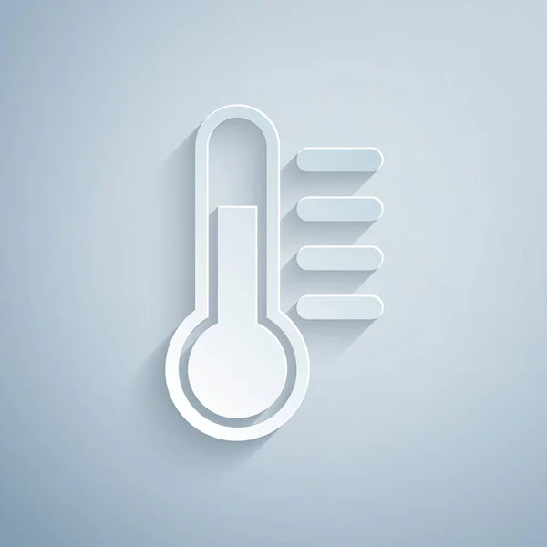 紙カット温度計アイコンは、灰色の背景に分離されています。ペーパーアートスタイル。ベクトルイラストレーション — ストックベクタ