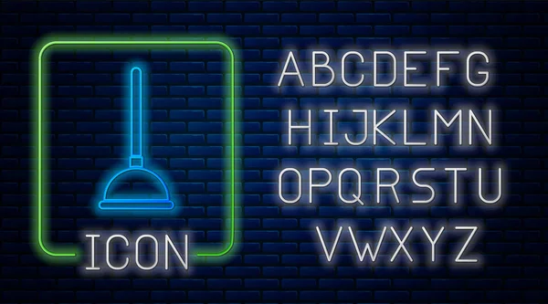 Leuchtende Neon-Gummikolben mit Holzgriff für Pfeifenreinigung Symbol isoliert auf Backsteinwand Hintergrund. Toilettenkolben. Neonlicht-Alphabet. Vektorillustration — Stockvektor