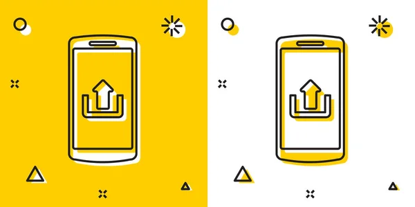 Smartphone negro con icono de carga aislado sobre fondo amarillo y blanco. Formas dinámicas aleatorias. Ilustración vectorial — Vector de stock