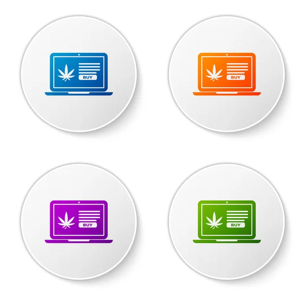 Color Laptop and medical marijuana or cannabis leaf icon isolated on white background. Online buying symbol. Supermarket basket. Set icons in circle buttons. Vector Illustration — Stock Vector