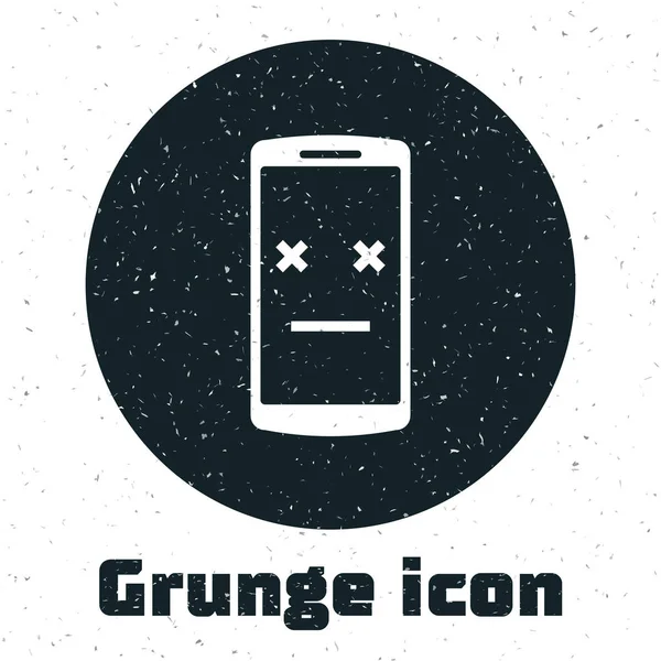 Grunge Icono del teléfono muerto aislado sobre fondo blanco. Dispositivo digital fallecido símbolo emoji. Smartphone cadáver mostrando emoción facial. Ilustración vectorial — Vector de stock