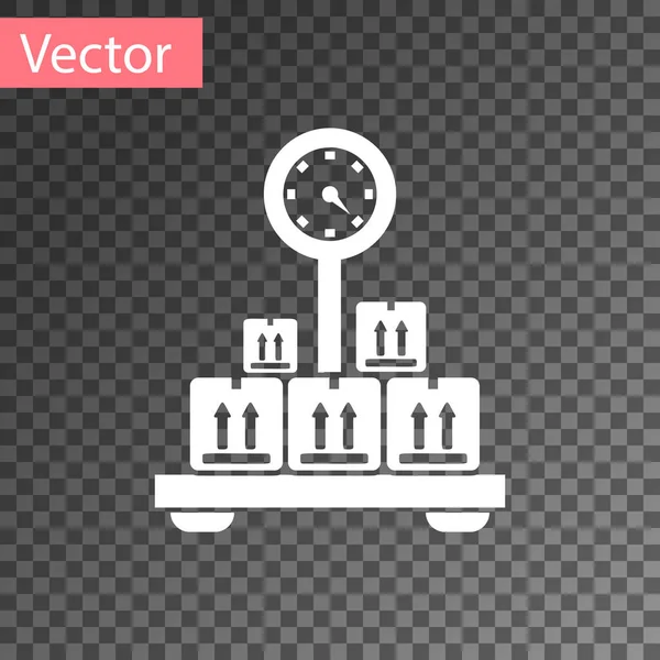 Witte schaal met kartonnen doos icoon geïsoleerd op transparante achtergrond. Logistiek en levering. Gewicht van pakket levering op een schaal. Vector illustratie — Stockvector