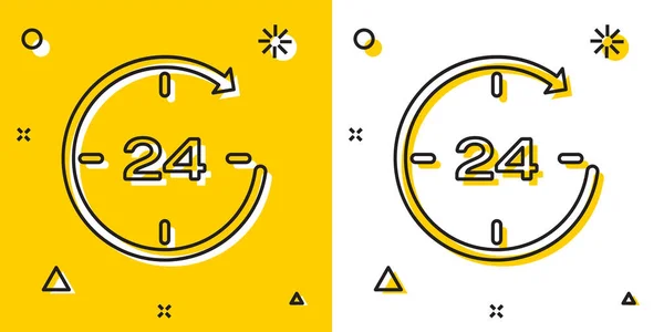 Black Clock 24 hours icon isolated on yellow and white background. All day cyclic icon. 24 hours service symbol. Random dynamic shapes. Vector Illustration — Stock Vector