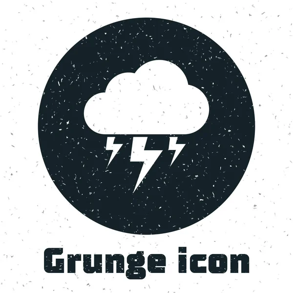 Icono de Grunge Storm aislado sobre fondo blanco. Nube y relámpago. Icono del tiempo de tormenta. Ilustración vectorial — Vector de stock