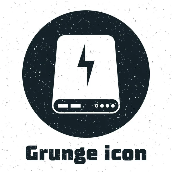 Icône Grunge Power bank isolée sur fond blanc. Appareil de charge portable. Illustration vectorielle — Image vectorielle