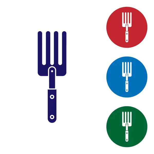 Blue Garden fork icon isolated on white background. Pitchfork icon. Tool for horticulture, agriculture, farming. Set color icon in circle buttons. Vector Illustration — Stock Vector