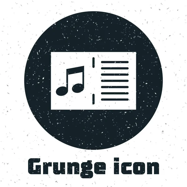 Libro de Grunge Music con icono de nota aislado sobre fondo blanco. Hoja musical con pentagrama de notas. Cuaderno de notas musicales. Ilustración vectorial — Vector de stock