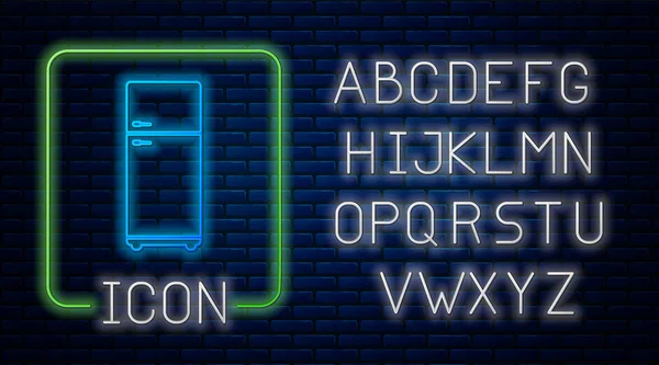 Сяюча неонова піктограма холодильника ізольована на фоні цегляної стіни. Холодильник холодильник. Побутова техніка та техніка. Неоновий легкий алфавіт. Векторна ілюстрація — стоковий вектор