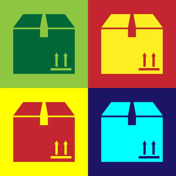 Цветная картонная коробка с символом трафика изолирована на цветном фоне. Коробка, посылка, знак посылки. Доставка, транспортировка и доставка. Векторная миграция — стоковый вектор