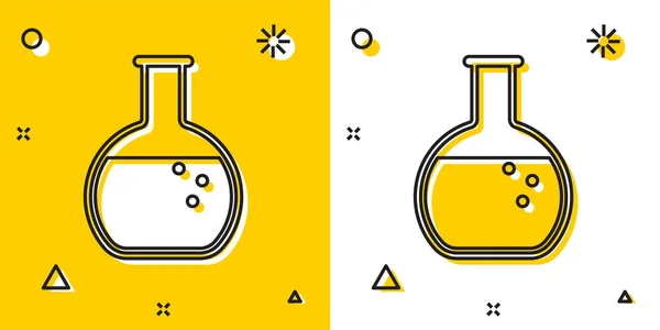 Fekete kémcső és egy lombik-kémiai laboratóriumi teszt ikon, izolált sárga és fehér háttérrel. Véletlenszerű dinamikus alakzatok. Vektoros illusztráció — Stock Vector