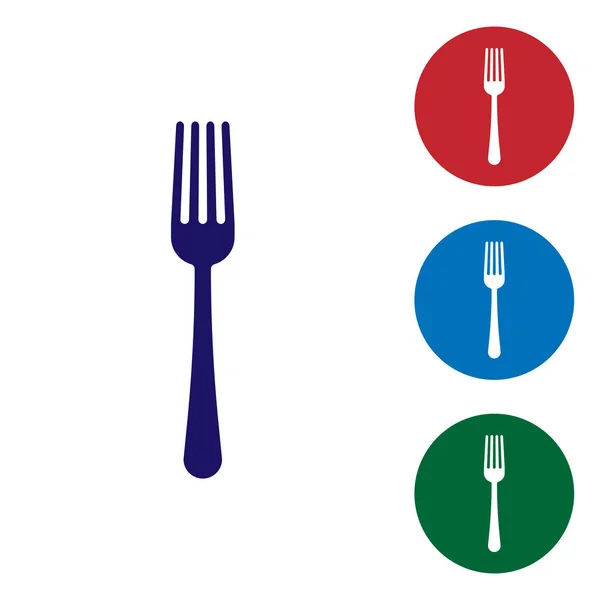 Blauwe vork icoon geïsoleerd op witte achtergrond. Bestek symbool. Stel het kleur pictogram in de cirkel knoppen in. Vector illustratie — Stockvector