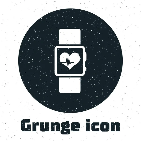 Grunge slimme horloge met hartslag rate icoon geïsoleerd op witte achtergrond. Fitness app concept. Vector illustratie — Stockvector