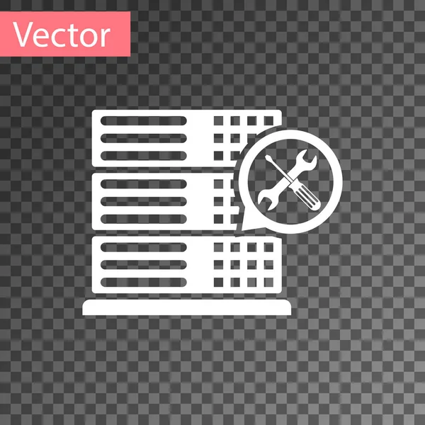 Weißer Datenbankserver mit Schraubenzieher und Schraubenschlüssel-Symbol isoliert auf transparentem Hintergrund. Anpassung, Service, Einstellung, Wartung, Reparatur, Reparatur. Vektorillustration — Stockvektor