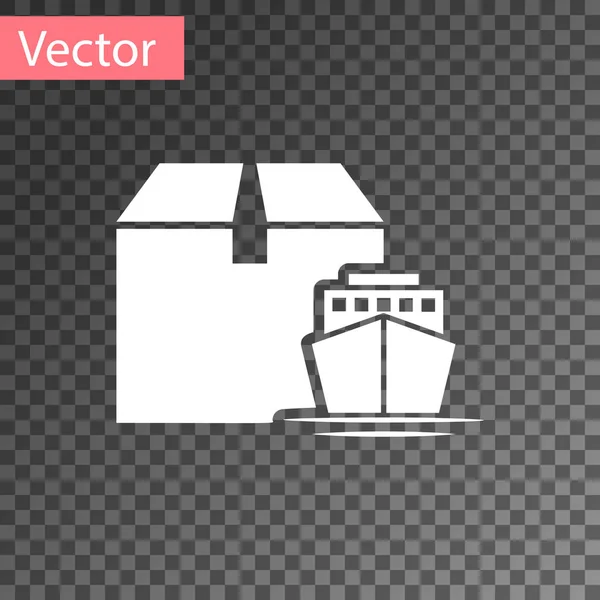 White Cargo ship with boxes delivery service icon isolated on transparent background. Delivery, transportation. Freighter with parcels, boxes, goods. Vector Illustration