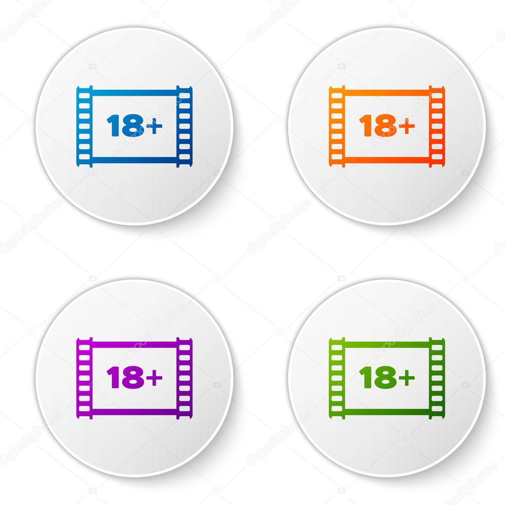 Color Play Video with inscription 18 plus icon isolated on white background. Age restriction symbol. 18 plus content sign. Adult channel. Set icons in circle buttons. Vector Illustration