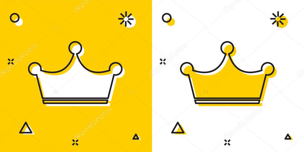 Black Crown icon isolated on yellow and white background. Random dynamic shapes. Vector Illustration