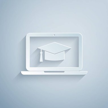 Kağıt kesme Gri arka planda yalıtılmış ekran dizüstü bilgisayar simgesi mezuniyet kapağı. Online öğrenme veya e-öğrenme kavramı. Kağıt sanat tarzı. Vektör İllüstrasyonu