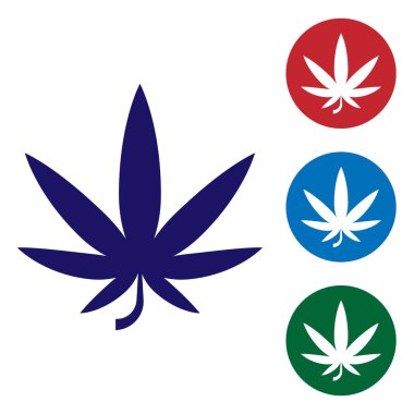 Mavi Tıbbi marihuana veya esrar yaprağı simgesi beyaz arka plan üzerinde izole. Kenevir sembolü. Renk simgelerini daire düğmelerinde ayarlayın. Vektör İllüstrasyonu