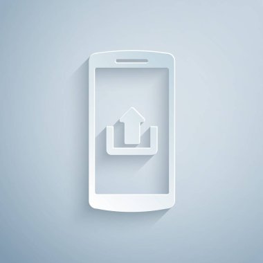 Kağıt, gri arka planda yalıtılmış yükleme simgesiyle Akıllı Telefon'u kesti. Kağıt sanat tarzı. Vektör İllüstrasyonu
