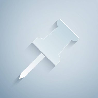 Kağıt kesiği Pin simgesi gri arkaplanda izole edildi. Raptiye işareti. Kağıt sanatı tarzı. Vektör İllüstrasyonu