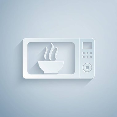 Kağıt kesiği mikrodalga fırın ikonu gri arka planda izole edilmiş. Ev aletleri simgesi. Kağıt sanatı tarzı. Vektör İllüstrasyonu