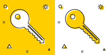 Siyah anahtar simgesi sarı ve beyaz arka planda yalıtılmış. Rastgele dinamik şekiller. Vektör İllüstrasyonu